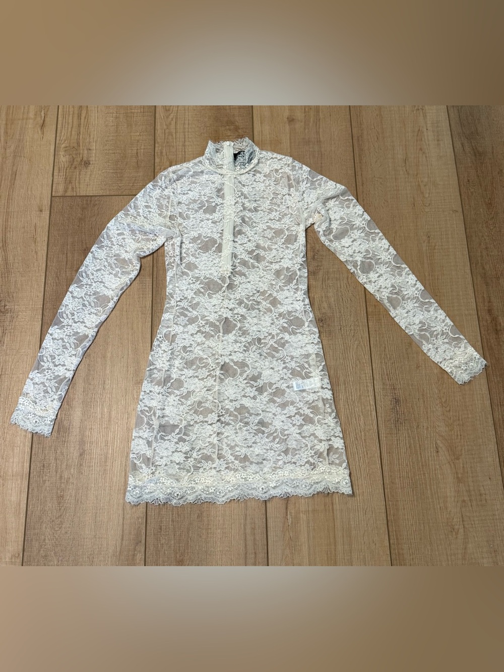 Current Mood Ivory Lace Mock Neck Mini Dress Sheer Romantic Coquette Size Small - Picture 1 of 7